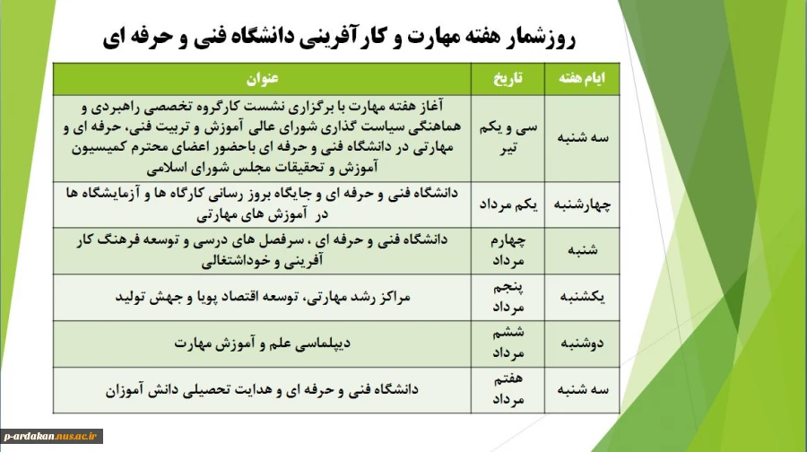 روز شمار هفته ملی مهارت دانشگاه فنی 2